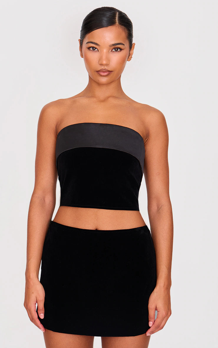 Black Velvet Satin Trim A Line Mini Skirt