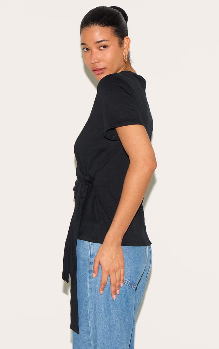 Black Cotton Tie Detail Oversized T Shirt
