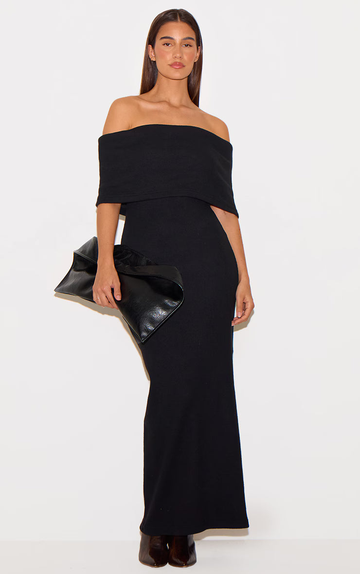 Black Heavy Brushed Rib Sleeveless Bardot Maxi Dress