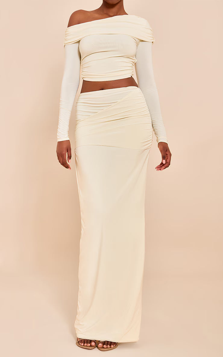 Almond Matte Sculpt Fold Over Maxi Skirt