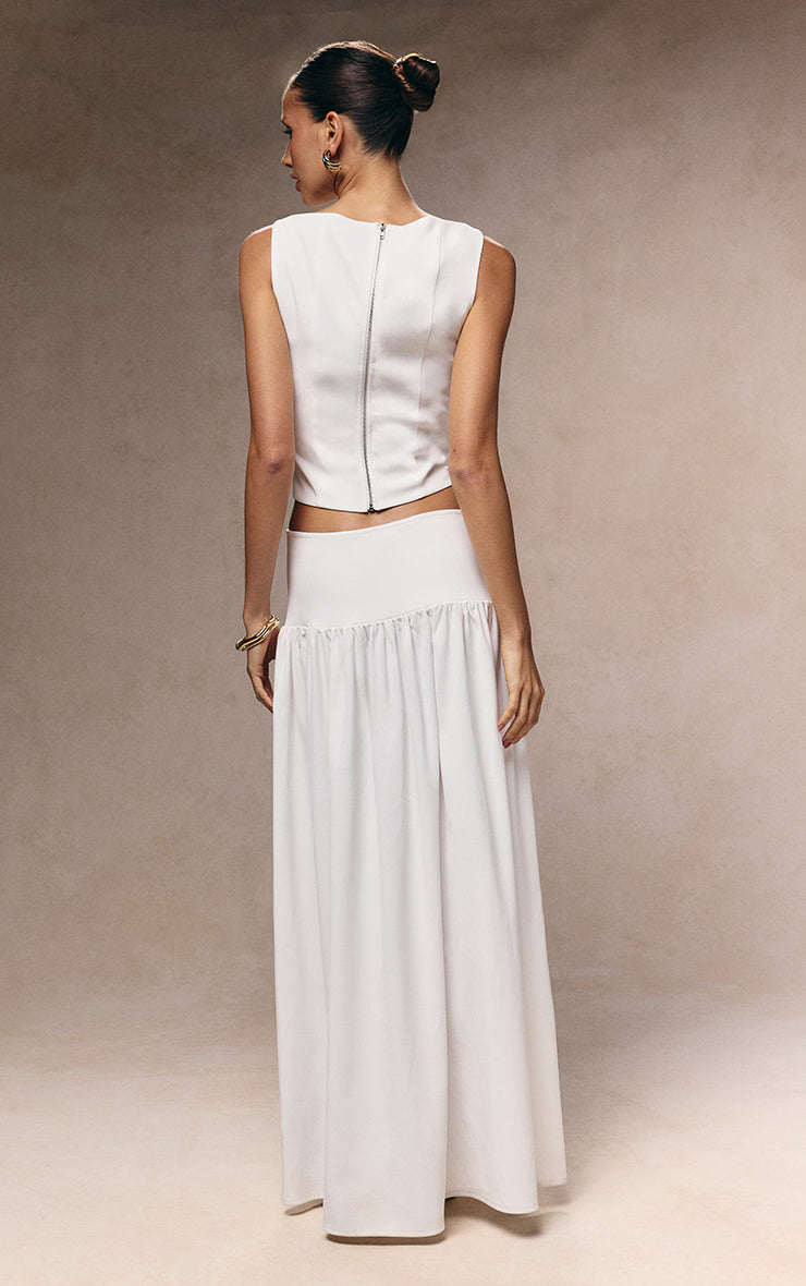 White Woven Pleated Midaxi Skirt