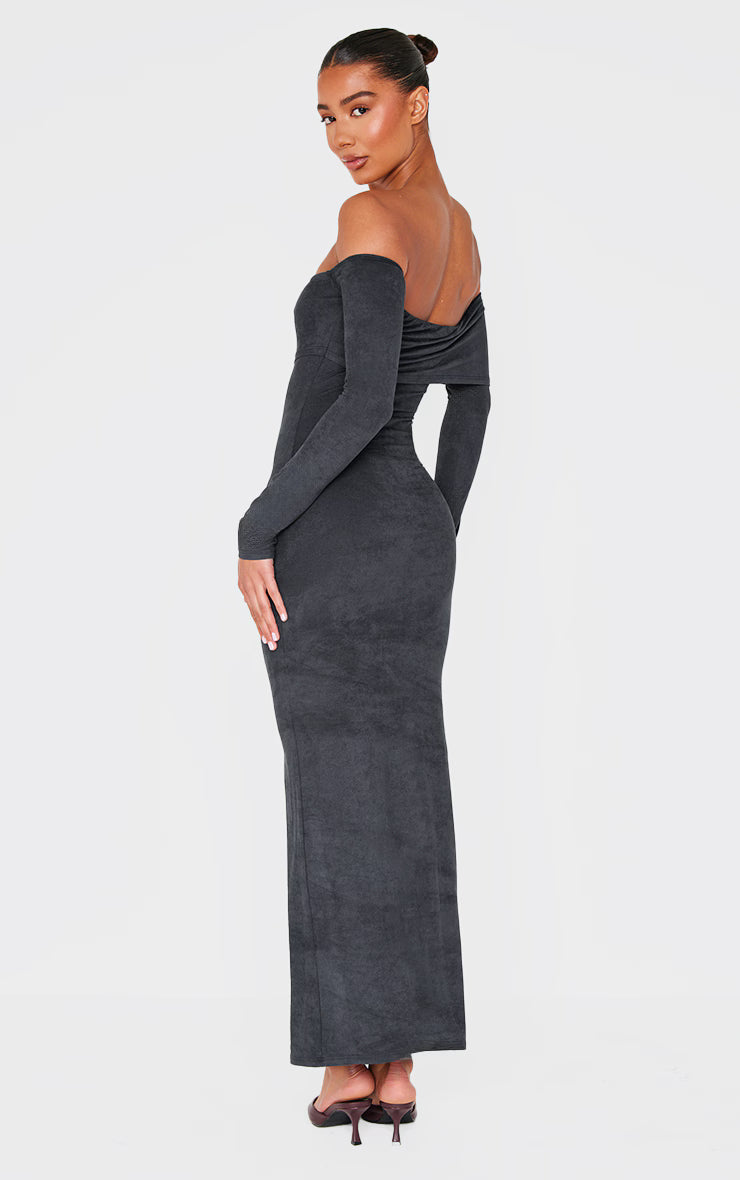 Black Faux Suede Bardot Long Sleeve Maxi Dress