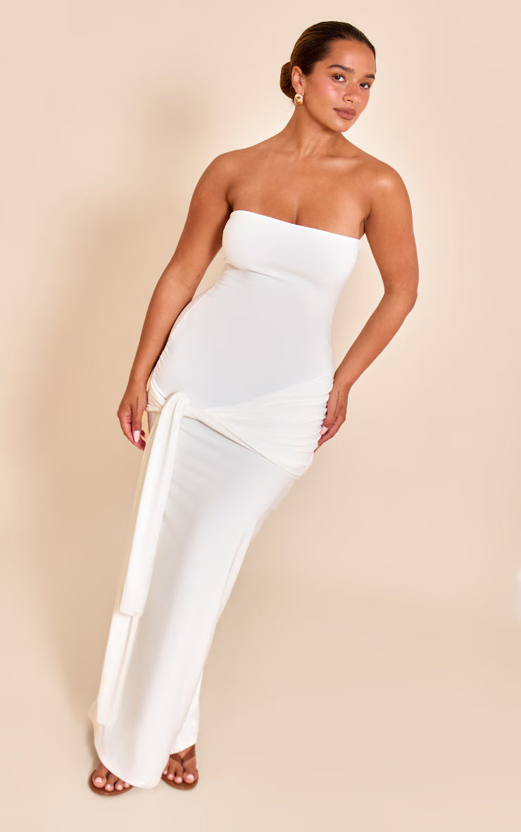 Shape White Bandeau Wrap Tie Waist Maxi Dress