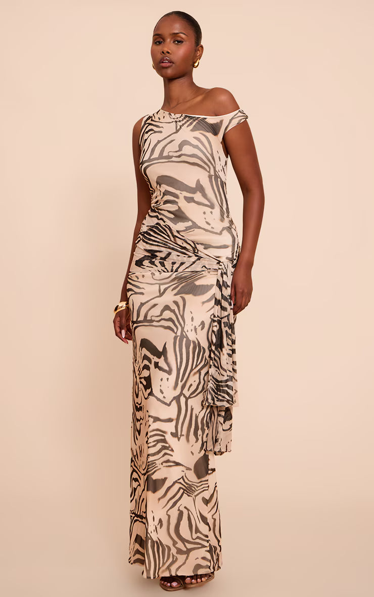 Cream Zebra Print Mesh Asymmetric Neckline Maxi Dress