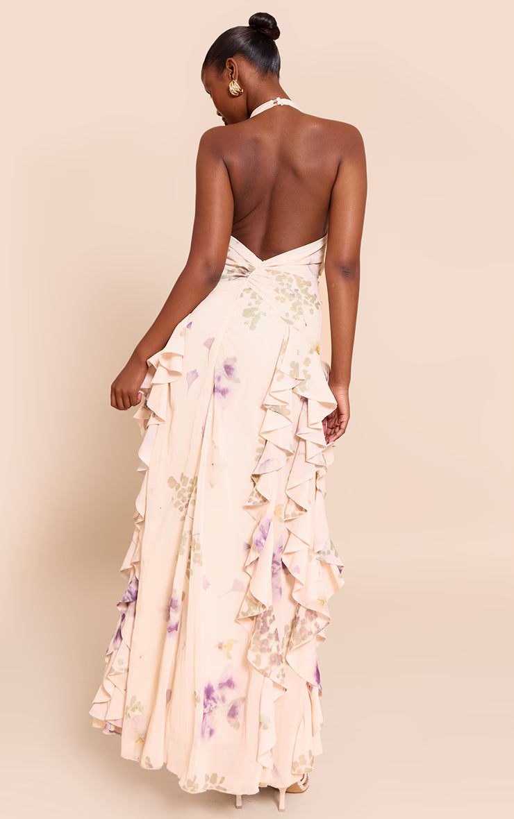 Stone Plunge Ruched Frill Detail Maxi Dress