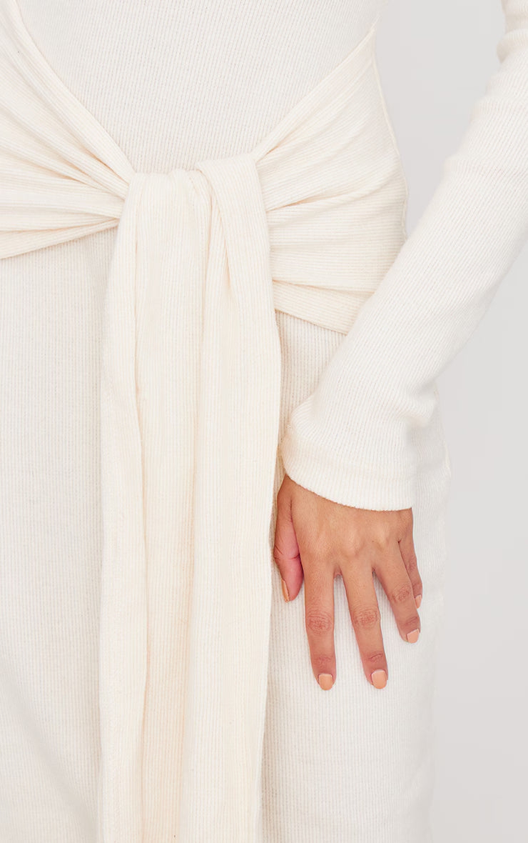 Cream Heavy Brushed Rib Bardot Wrap Detail Maxi Dress