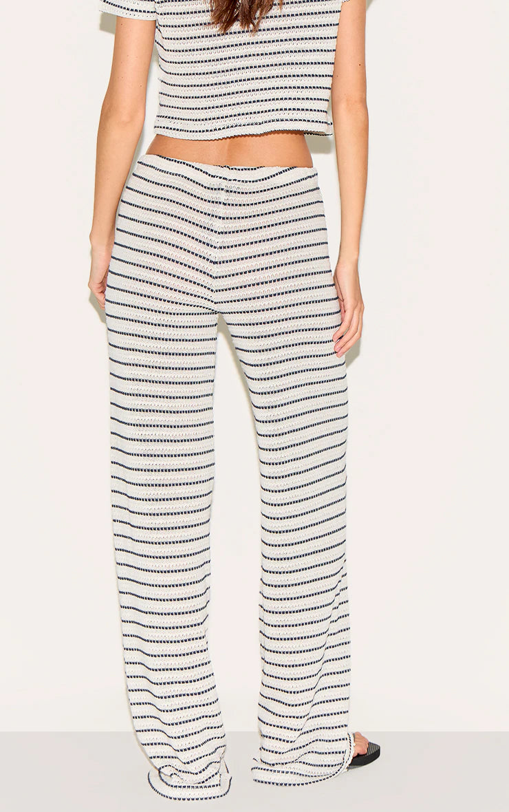 Navy Striped Textured Casual Pants