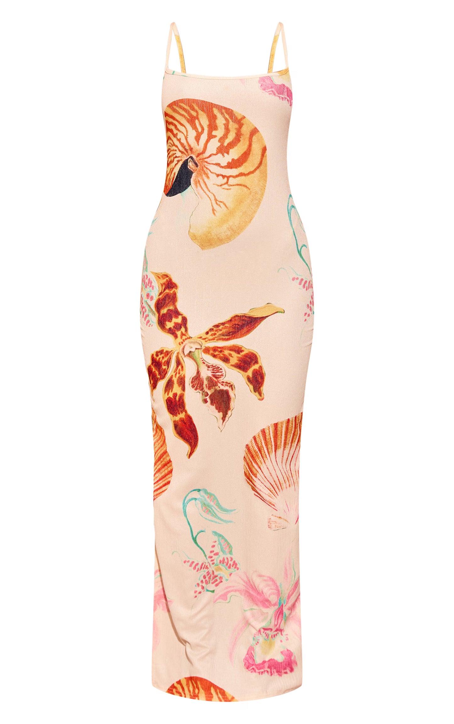 Multi Shell Print Crinkle Textured Contrast Strappy Maxi Dress