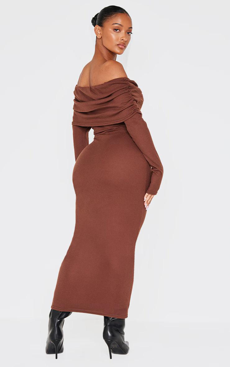 Shape Chocolate Rib Bardot Long Sleeve Maxi Dress