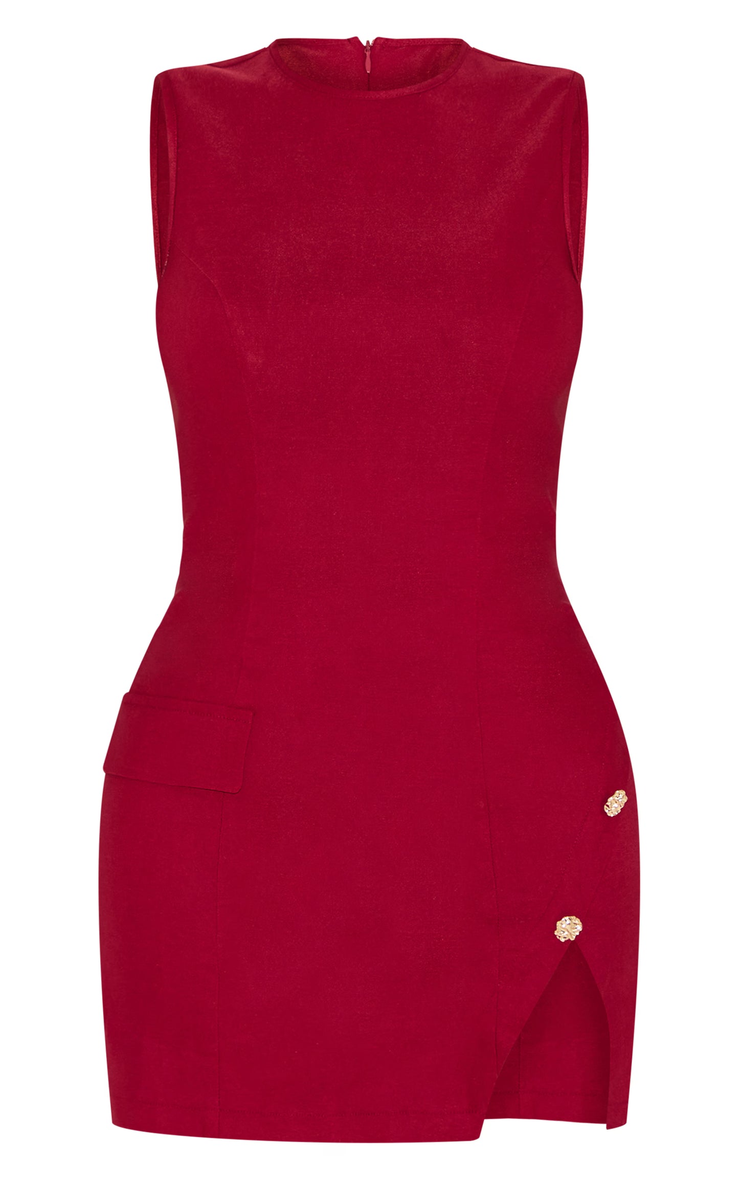 Shape Berry Stretch Woven Boat Neck Side Split Hammered Button Mini Dress