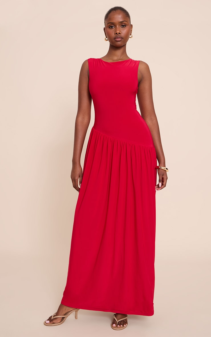 Red Double Layer Soft Touch Asymmetric Dropped Waist Maxi Dress