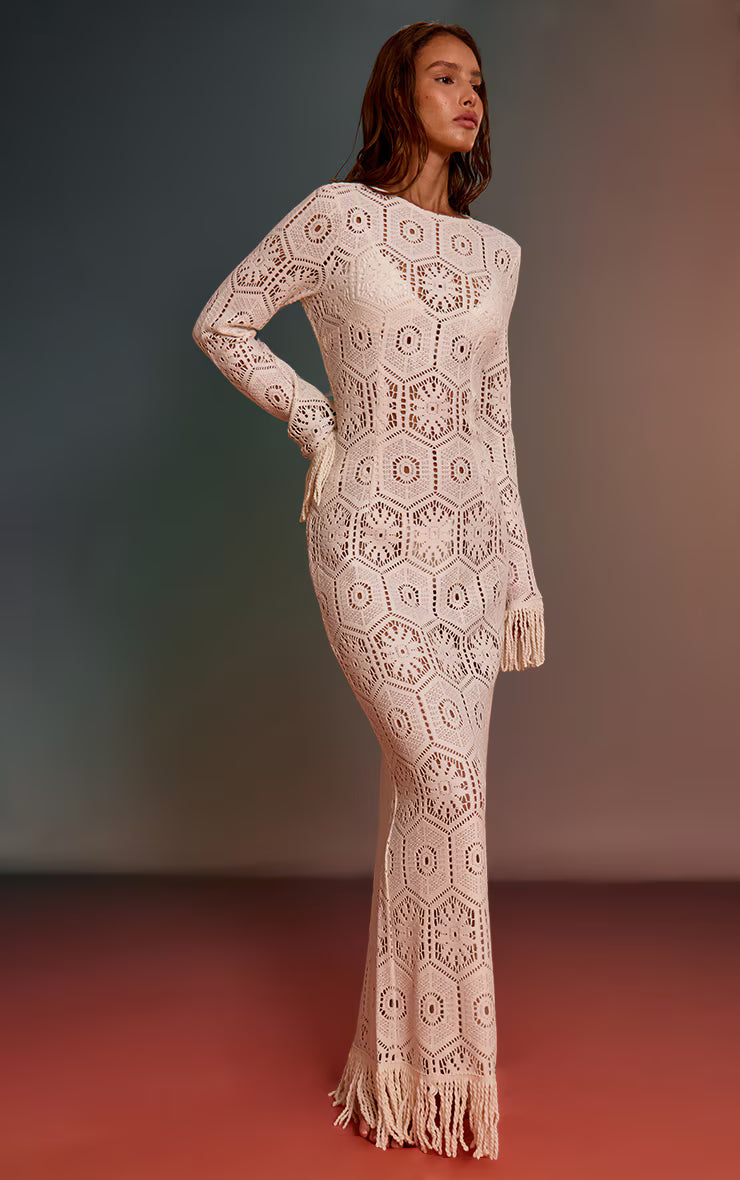 Cream Crochet Tassel Hem Maxi Beach Dress