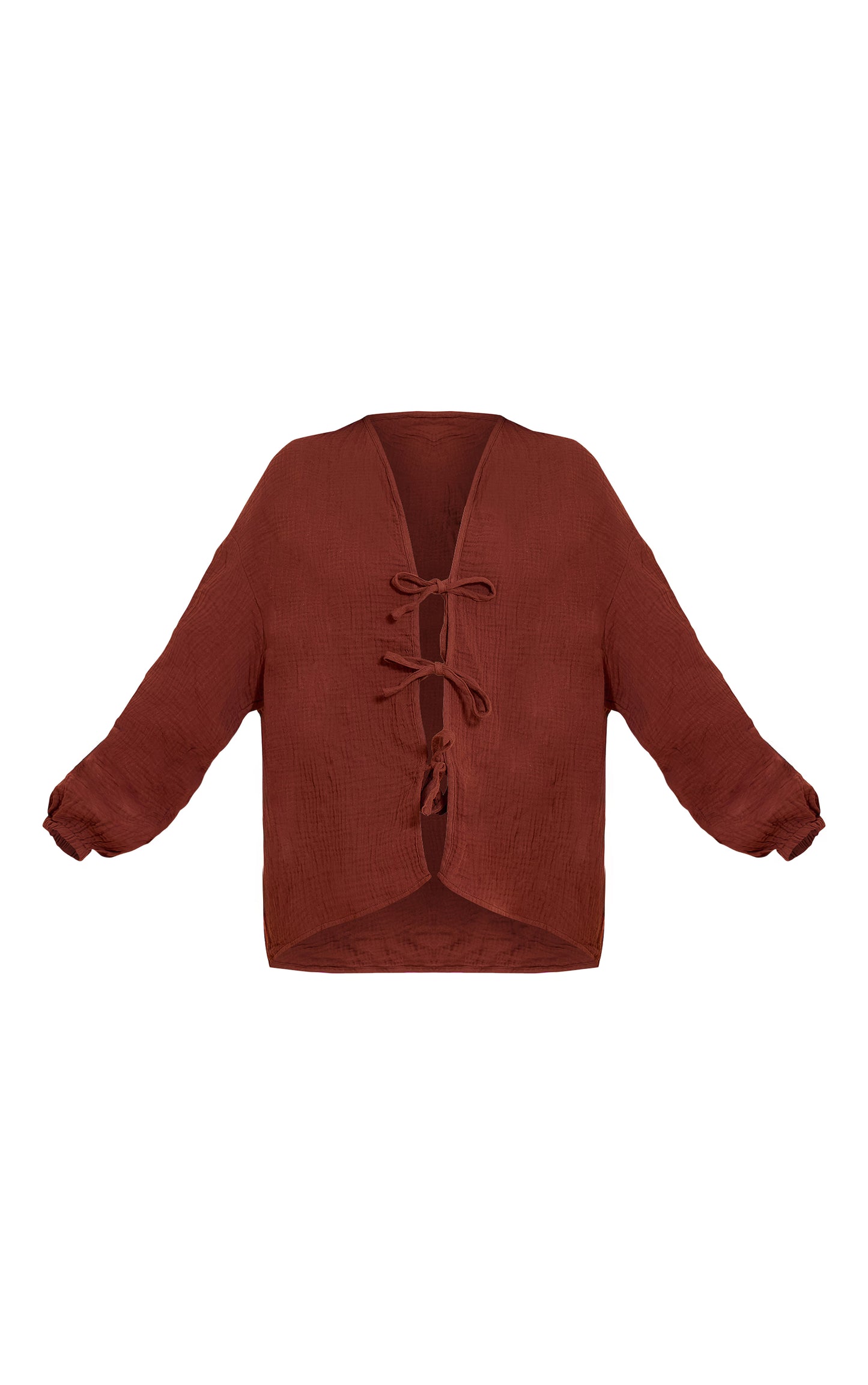 Dark Brown Cheesecloth Textured Tie Front Shirt