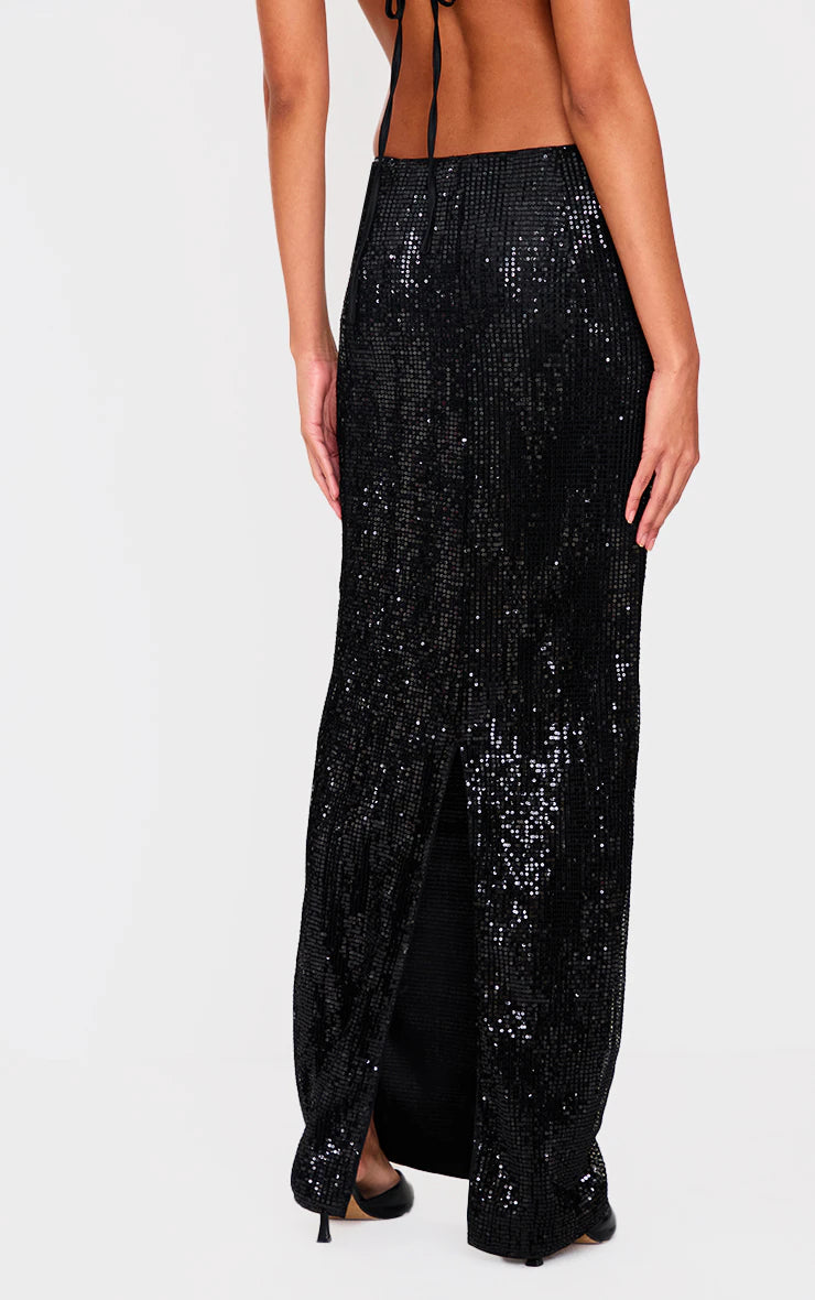 Black Sequin Mid Rise Maxi Skirt