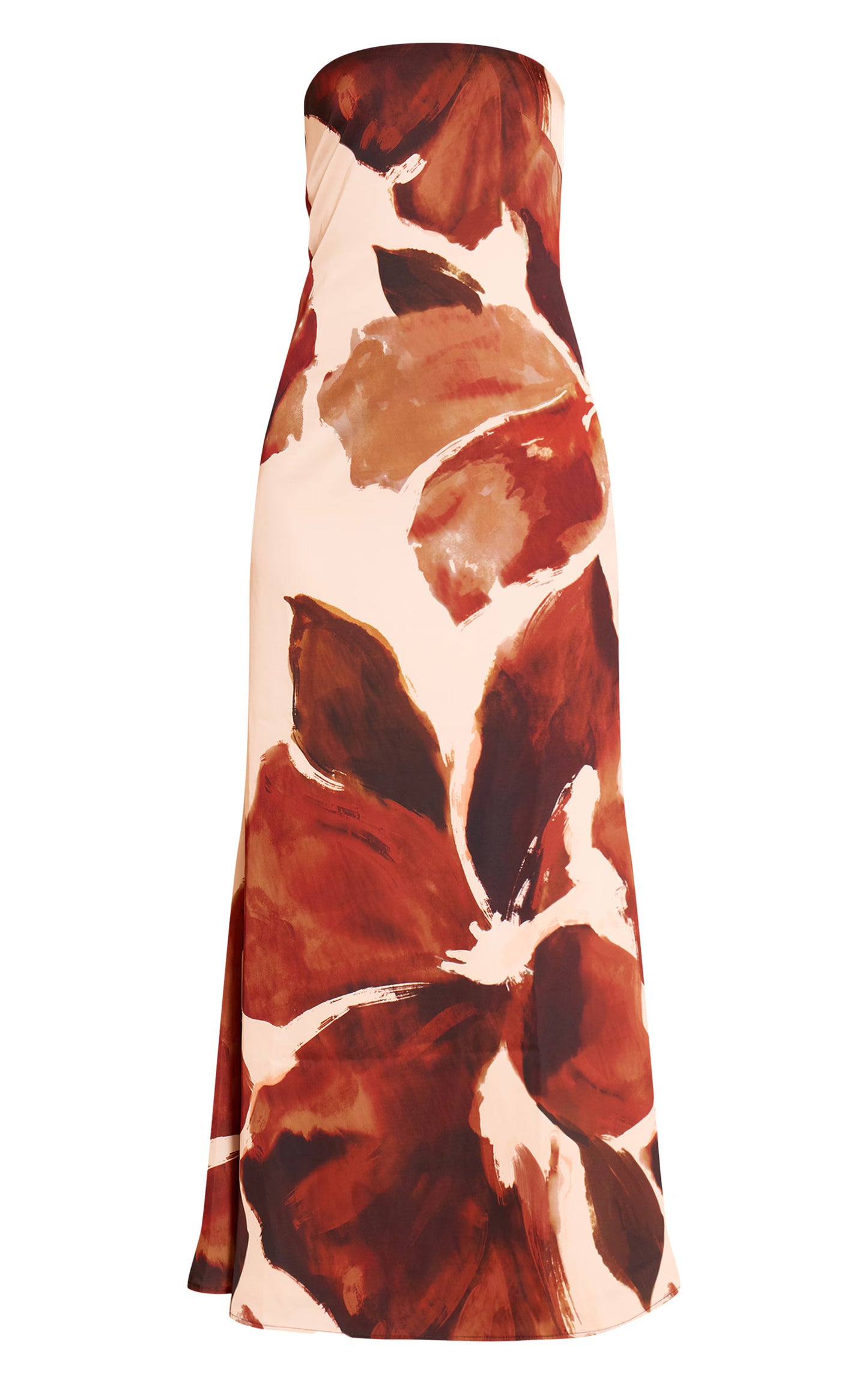 Brown Floral Satin Bandeau Maxi Dress