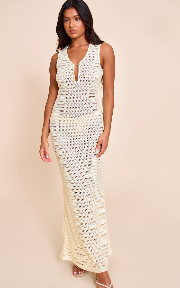 Lemon Trim Detail Crochet Maxi Dress