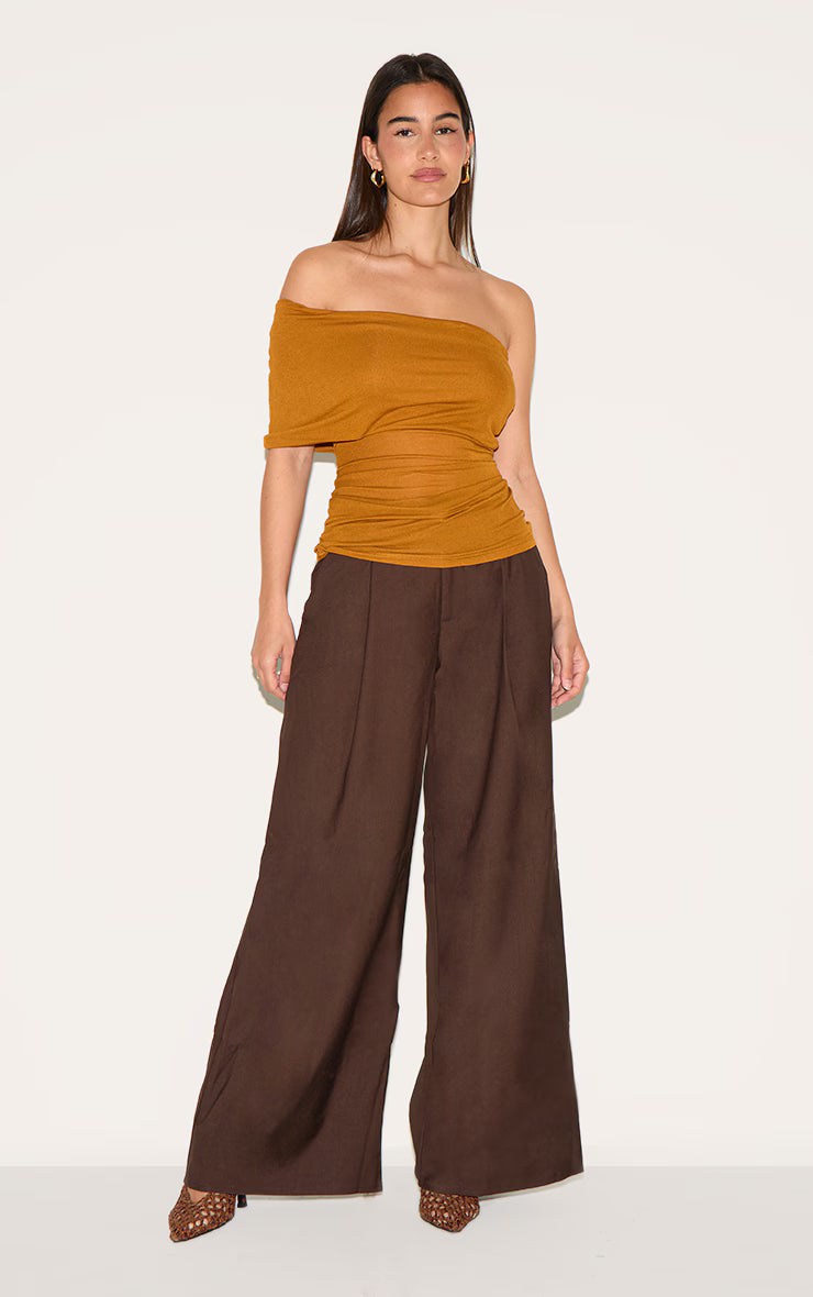 Tan Sheer Soft Touch Fold Over Detail One Shoulder Long Top