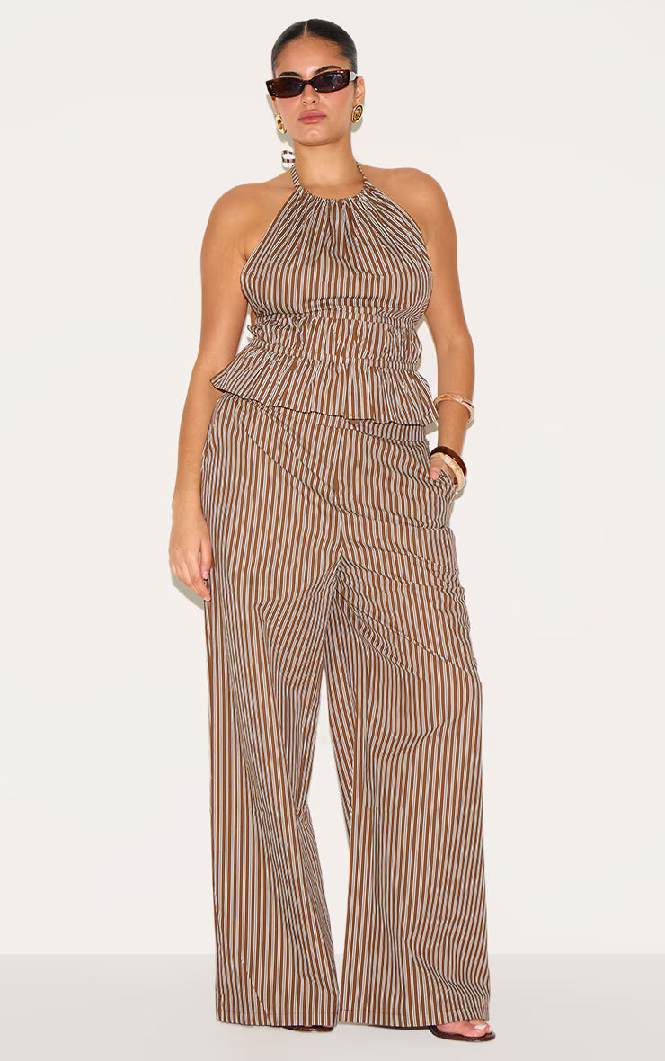 Plus Brown Stripe Ruched Backless Halterneck Woven Top