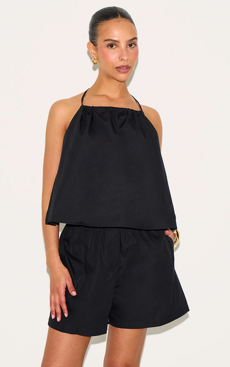 Petite Black Poplin Low Back Halterneck Top