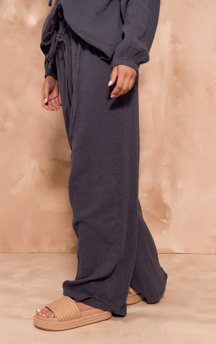 Dark Blue Textured Cheesecloth Wide Leg Pants