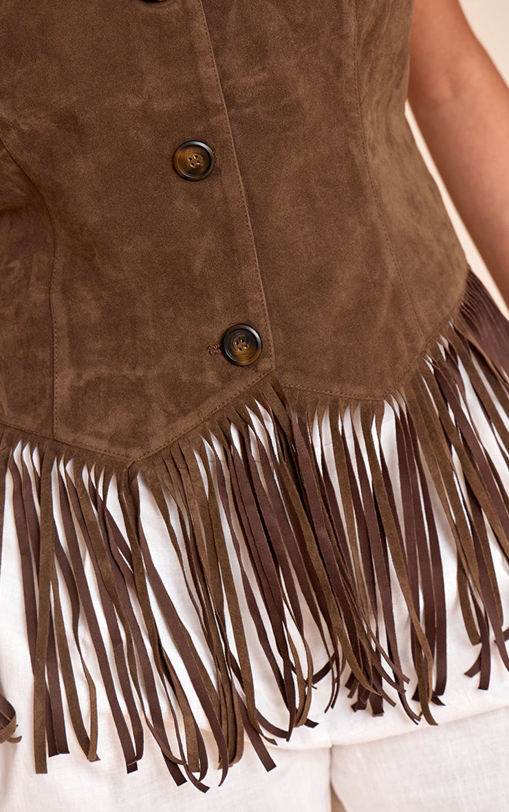 Plus Light Brown Faxu Suede Tassel Vest