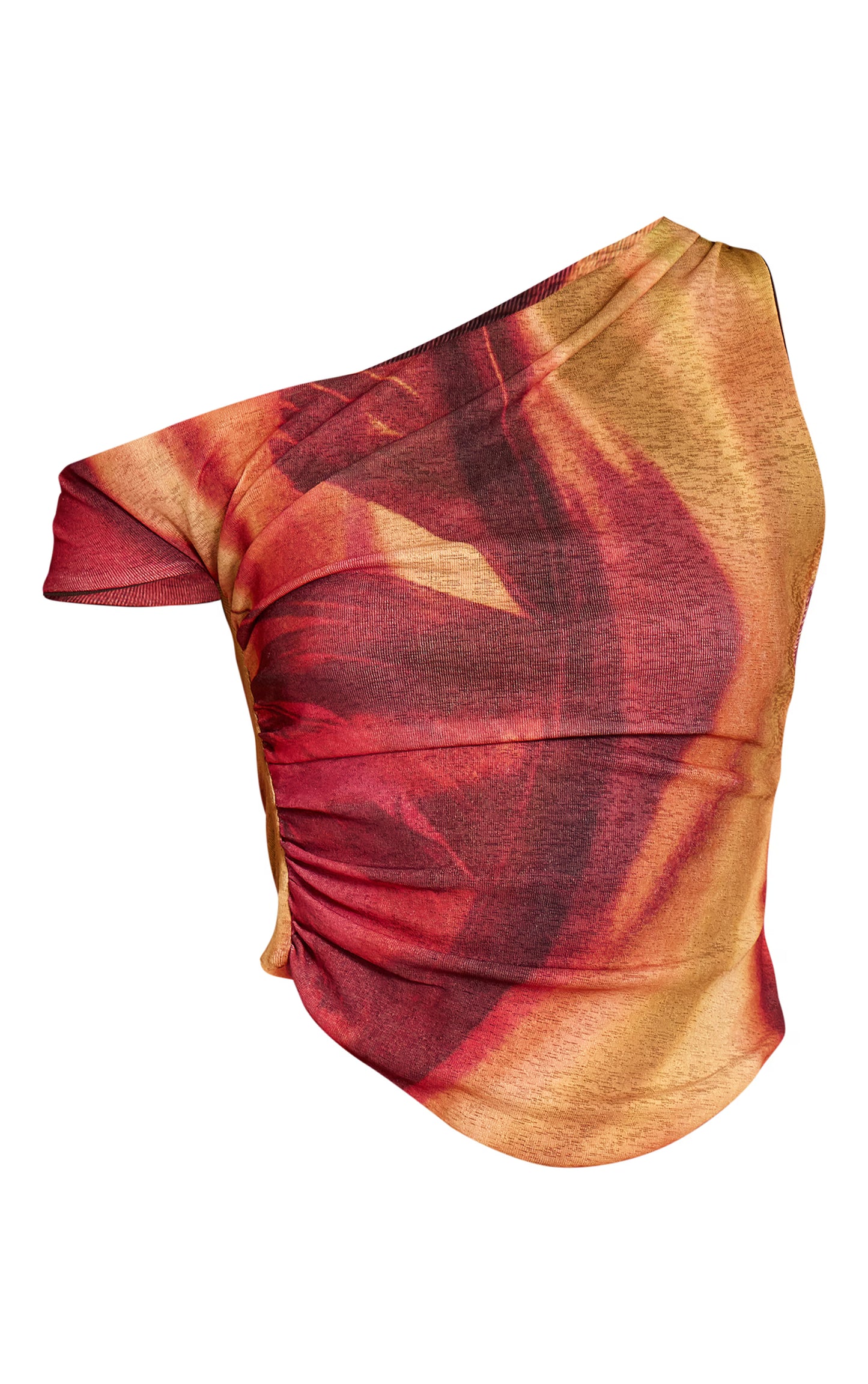 Multi Feather Print Onion Skin Asymmetric Hem Top