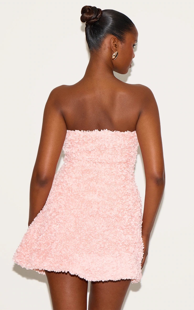 Baby Pink Floral Textured Bandeau Mini Dress
