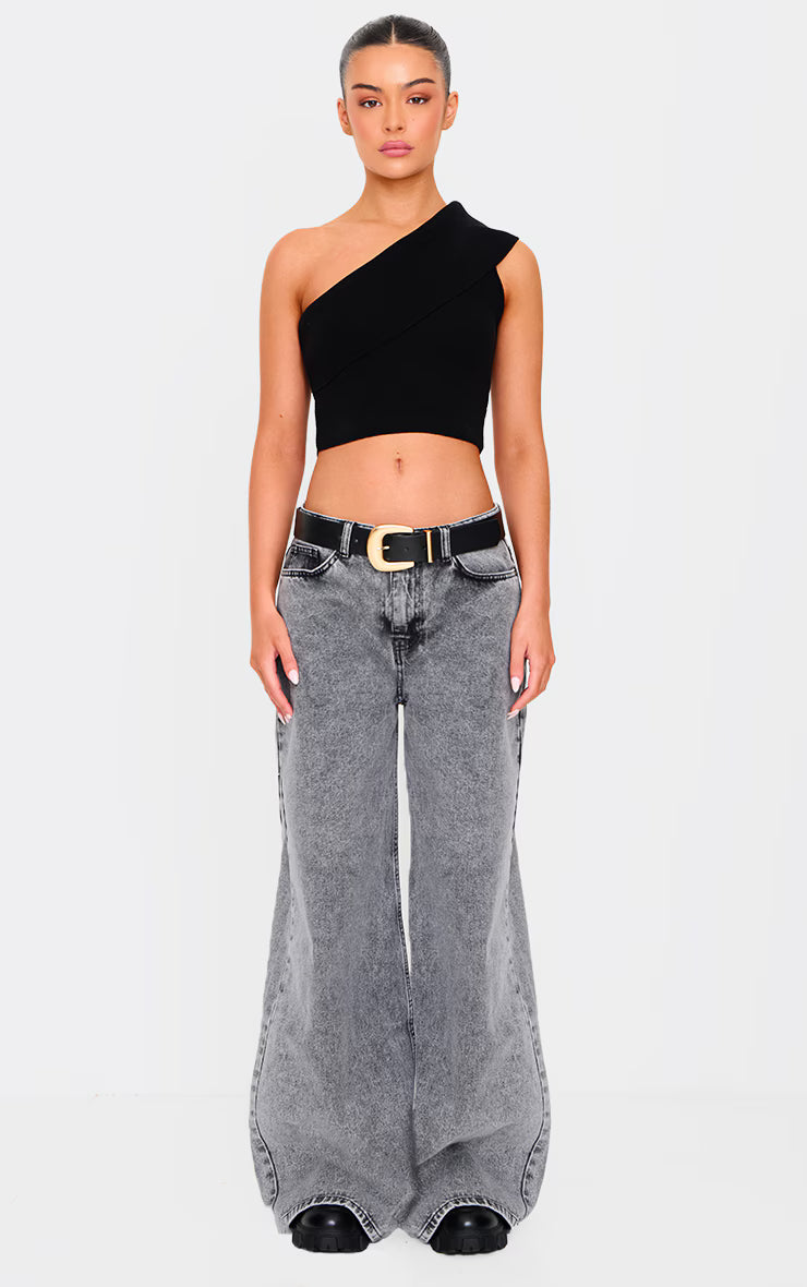 Black Soft Rib Knit One Shoulder Fold Over Crop Top