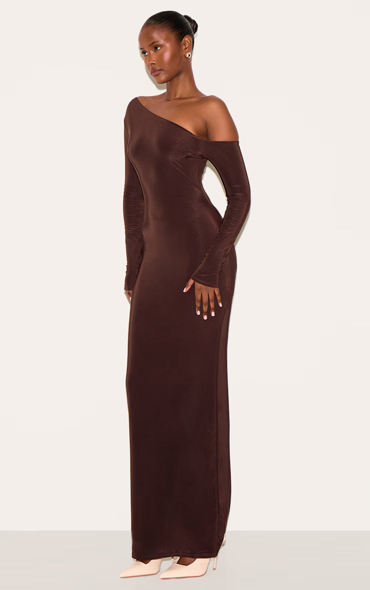 Deep Chocolate Double Slinky Asymmetric Neckline Maxi Dress