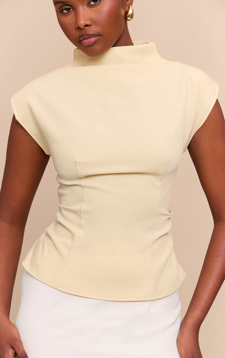 Butter Yellow Ruched Woven Shoulder Pad Top