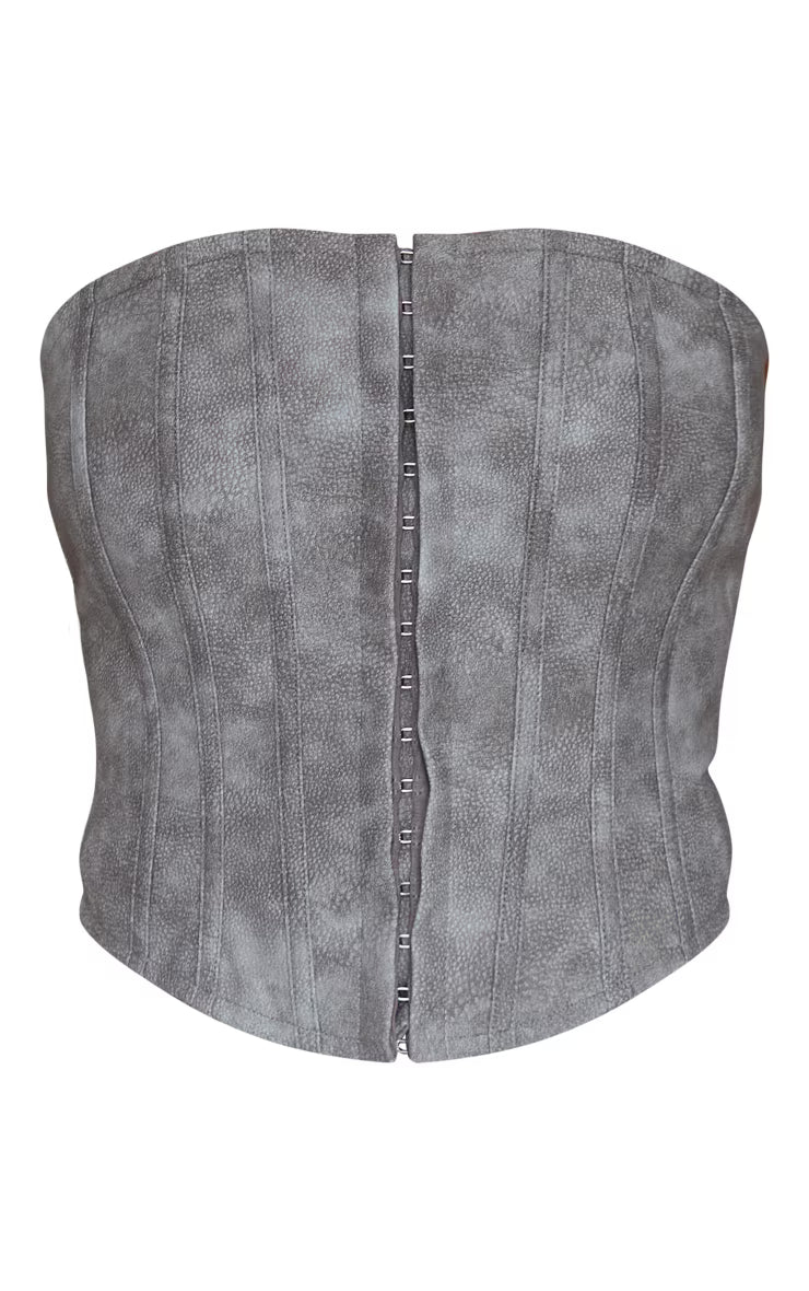 Charcoal Washed Faux Leather Hook And Eye Structured Corset