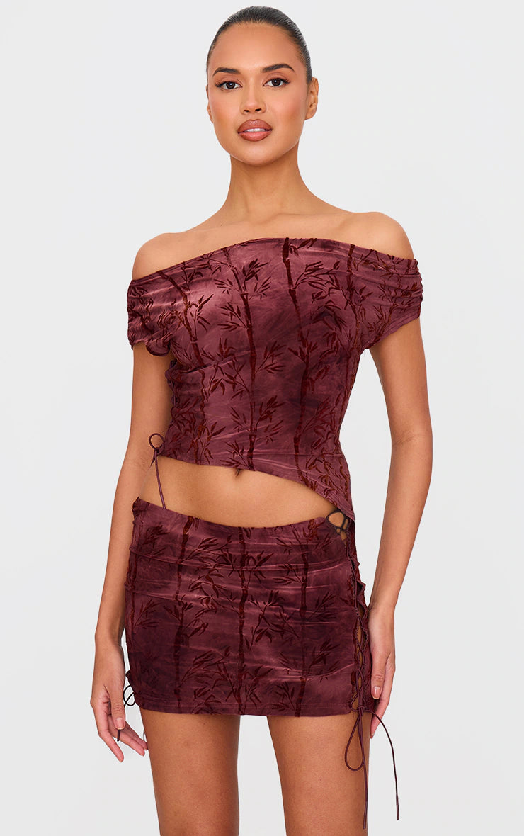 Burgundy Devore Tie Detail Micro Mini Skirt