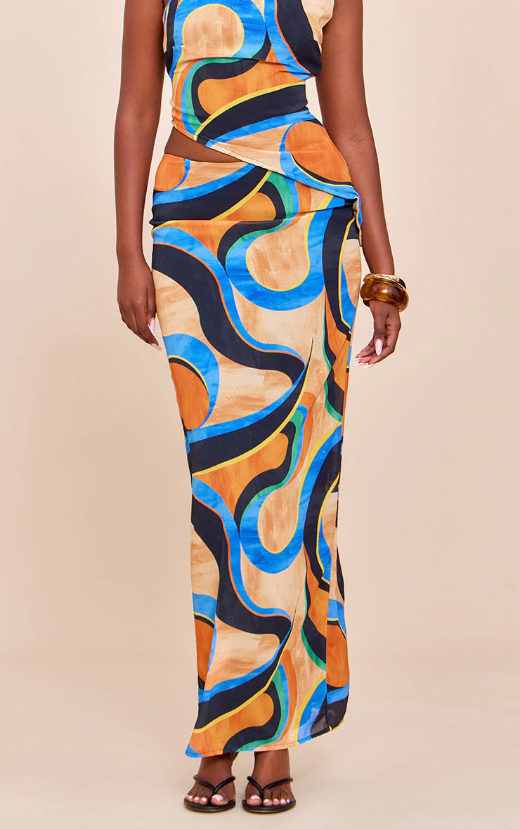 Multi Abstract Print Chiffon Maxi Skirts