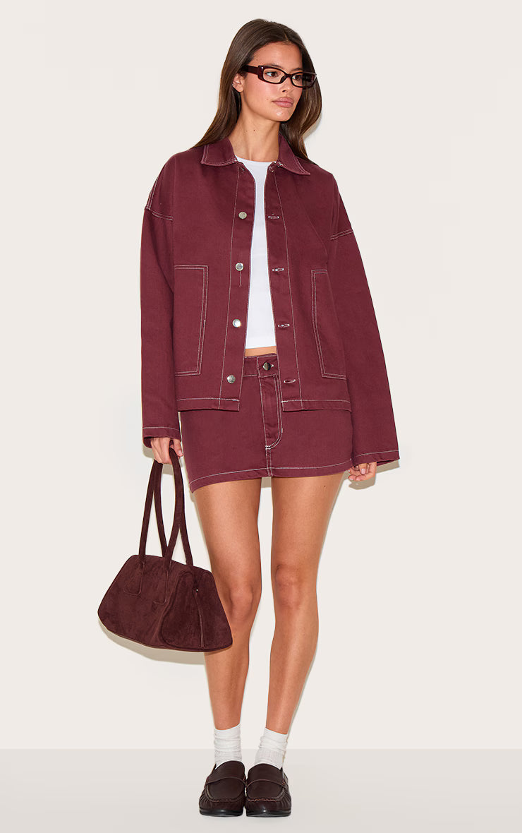 Burgundy Contrast Stitch Pocket Patch Detail Denim Shirt