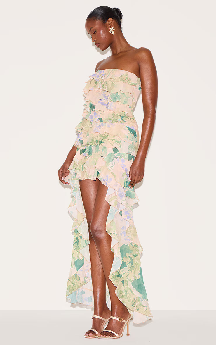 Yellow Printed Ruffled Bandeau Maxi Dress