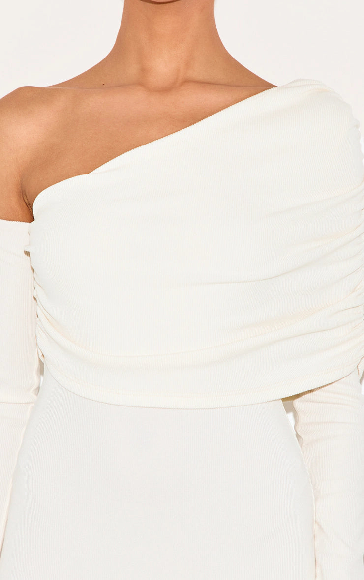 Cream Rib Bardot Long Sleeve Bodycon Dress