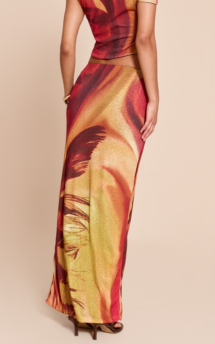 Multi Feather Print Onion Skin Low Rise Maxi Skirt