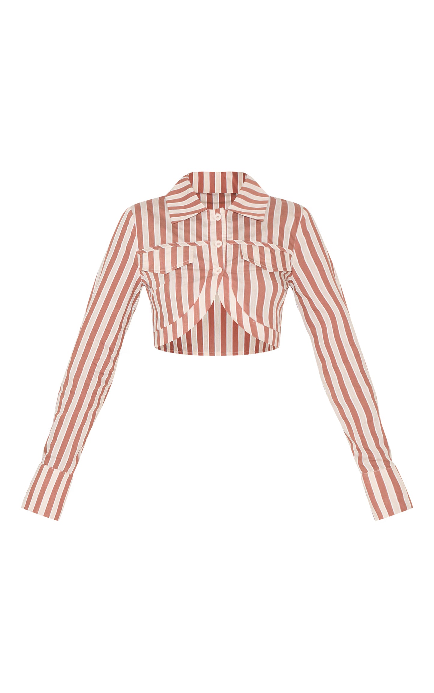 Brown Striped Curved Hem Cropped Shirt