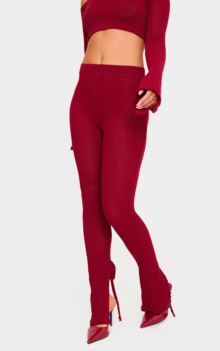 Cherry Red Sheer Soft Rib Split Hem Tie Detail Leggings