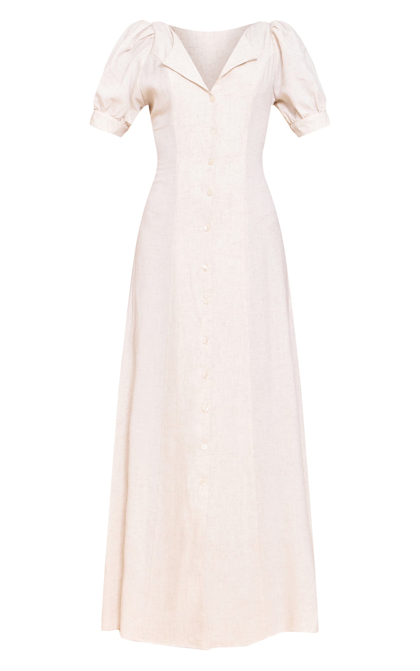 Natural Linen Look Button Puff Sleeve Midaxi Dress