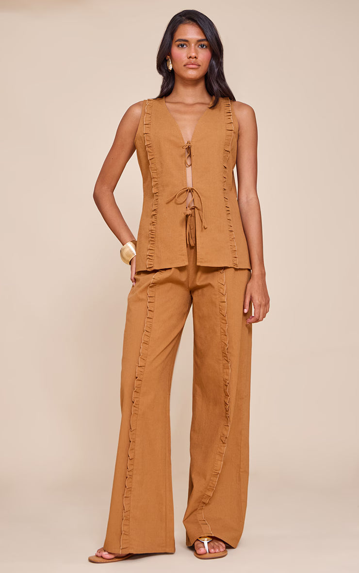 Tan Tie Front Linen Look Sleeveless Top