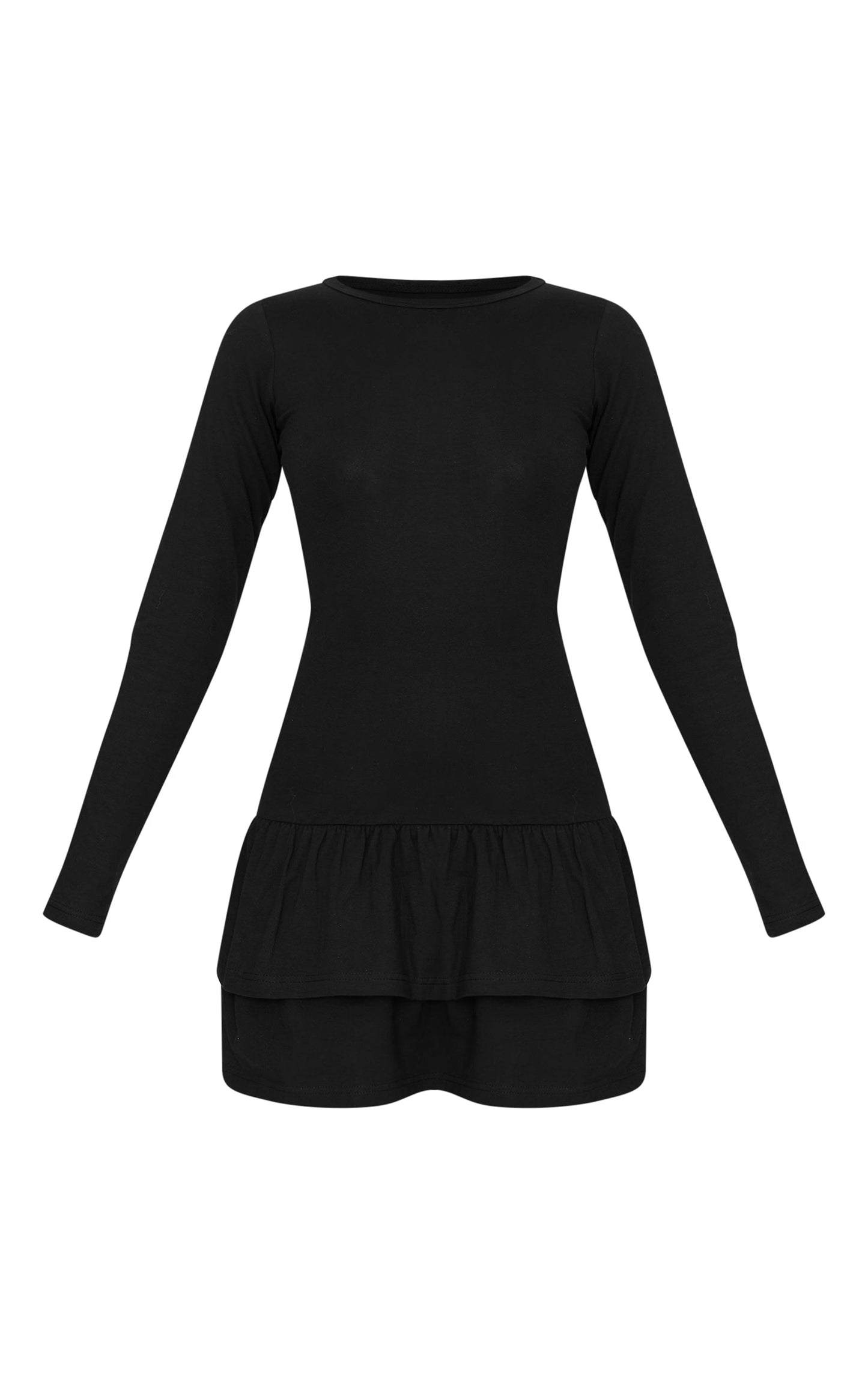 Black Cotton Long Sleeve Tiered Shift Dress