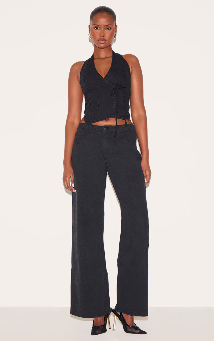 Washed Black Halter Neck Wrap Front Denim Vest