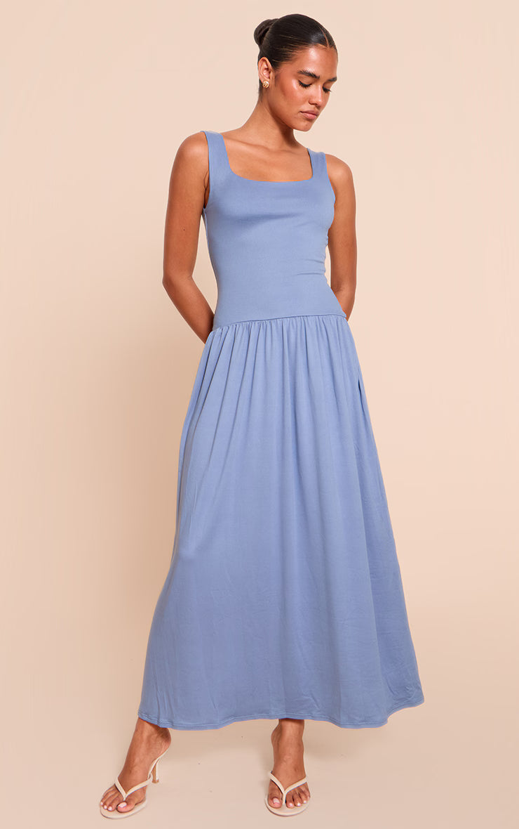 Blue Double Contour Scoop Neck Drop Waist Maxi Dress