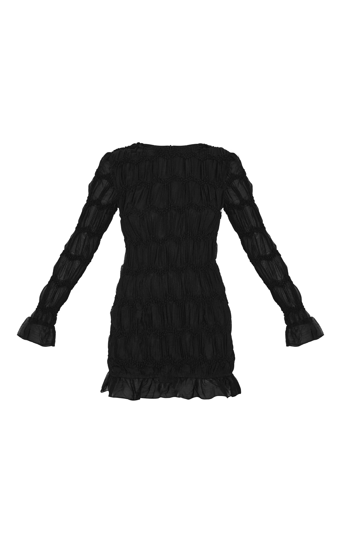 Black Textured Long Sleeve Crew Neck Mini Dress