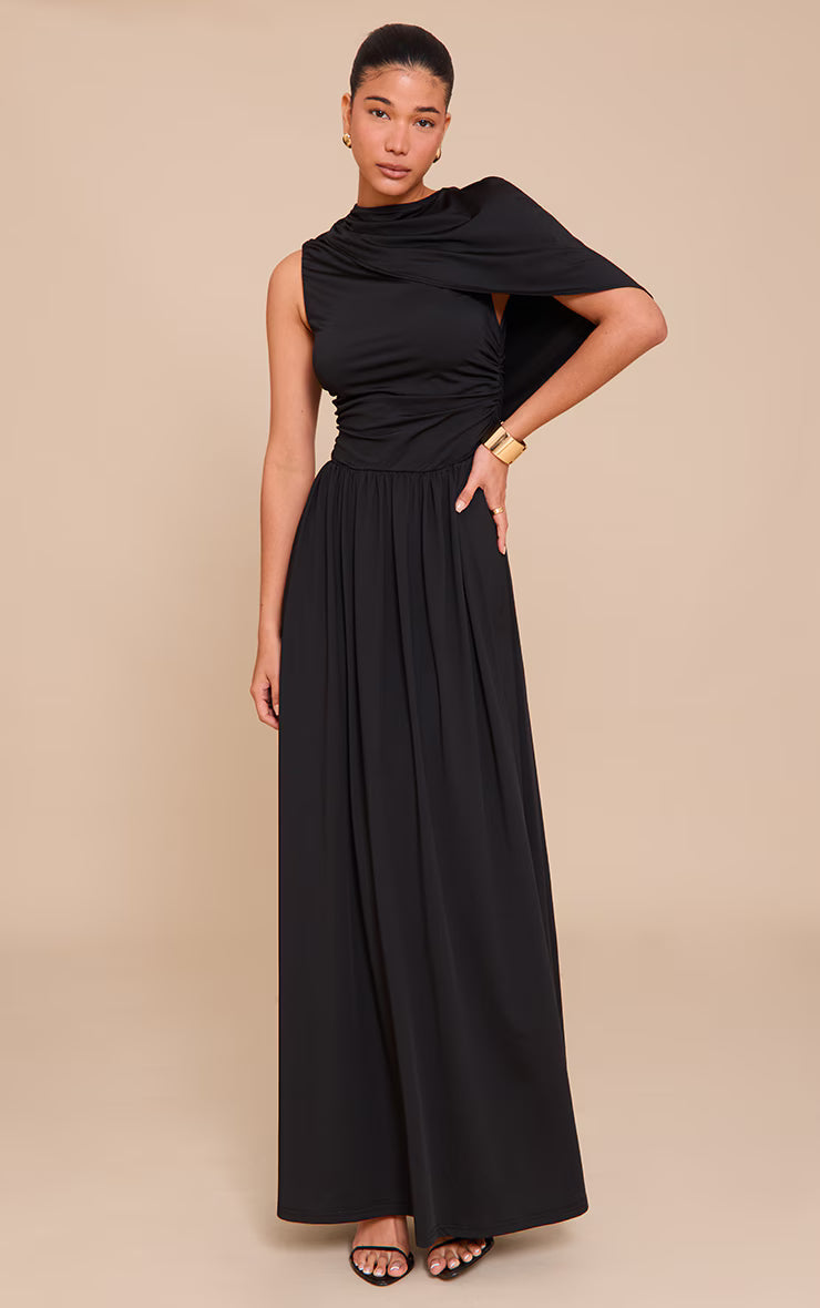 Black Layered Ruched Maxi Dress