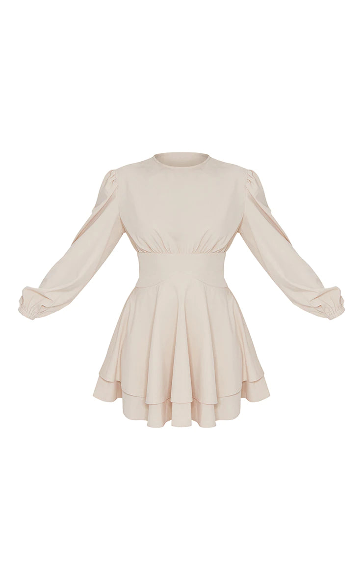 Stone Woven Binding Waist Detail Puff Long Sleeve Shift Dress