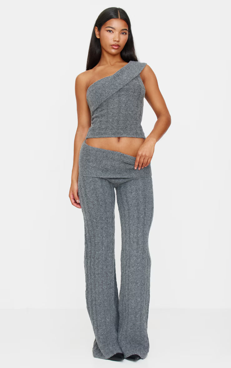Charcoal Marl Textured Knit Foldover Bandeau Top