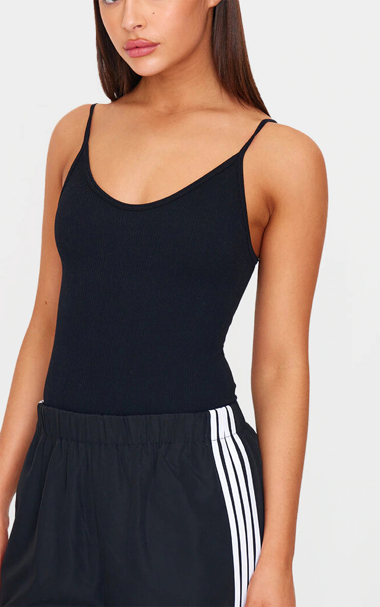 Black Snatched Rib Strappy Bodysuit