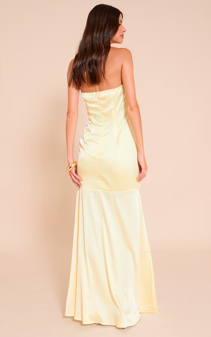 Lemon Satin Asymetric Drape Maxi Dress